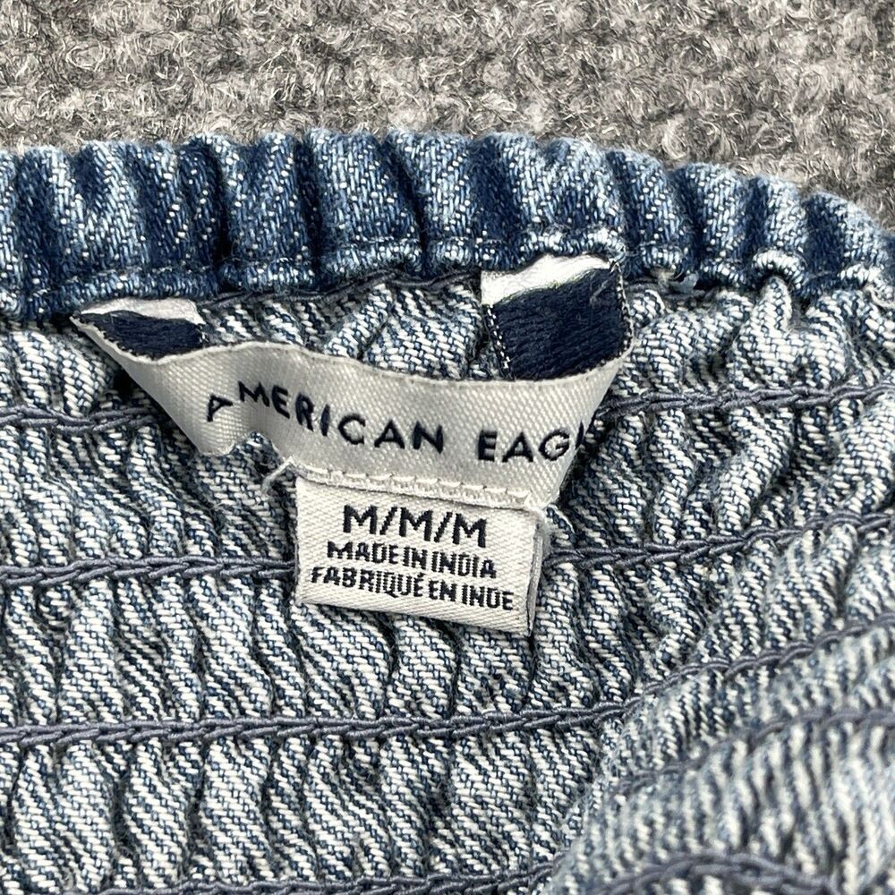 American Eagle Denim Tank Top Womens Medium Cropped Ruffle Bottom Smocked Back - Picture 4 of 7